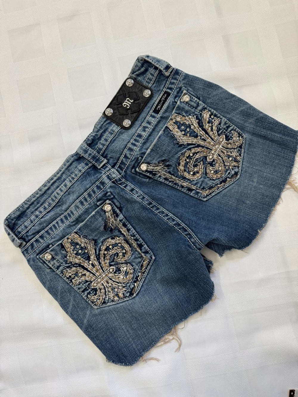 Miss Me Blue Frayed Denim Cutoff Shorts with Fleur De Lis
